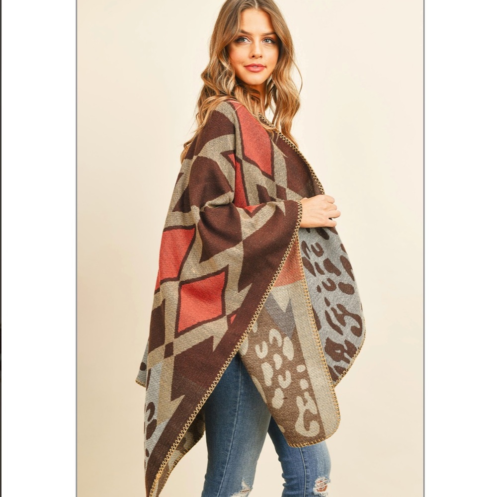 Chevron Leopard Print Sweater Open Front Poncho - image 5
